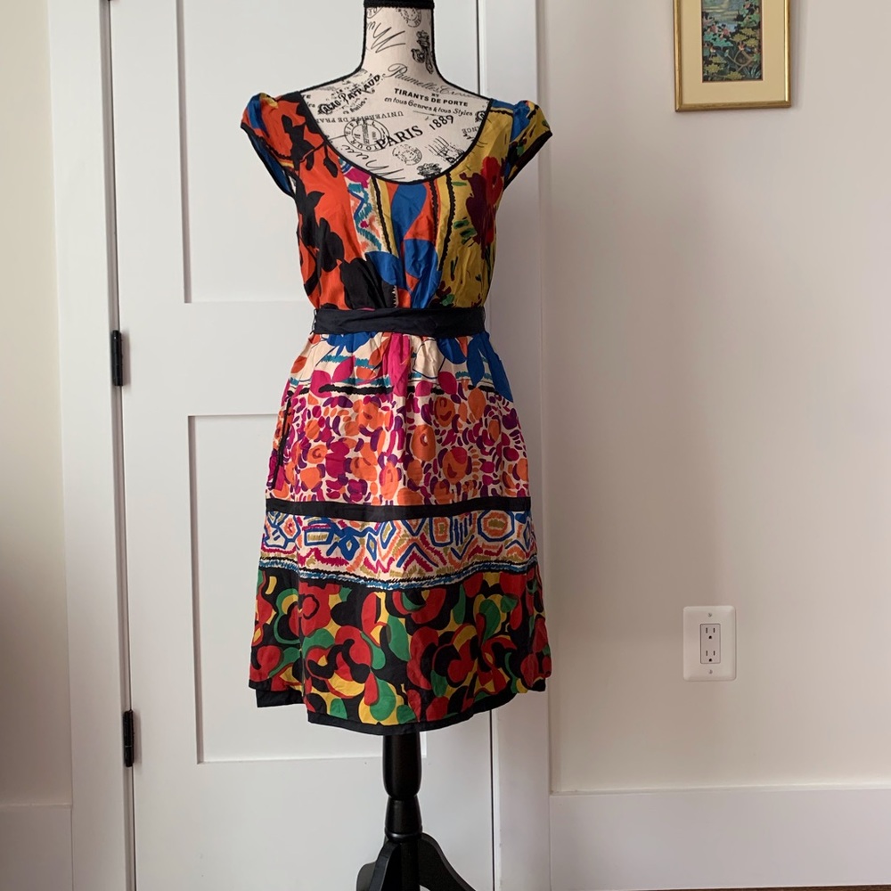 Anthropologie Multicolor Patterned Cap-Sleeve Dress